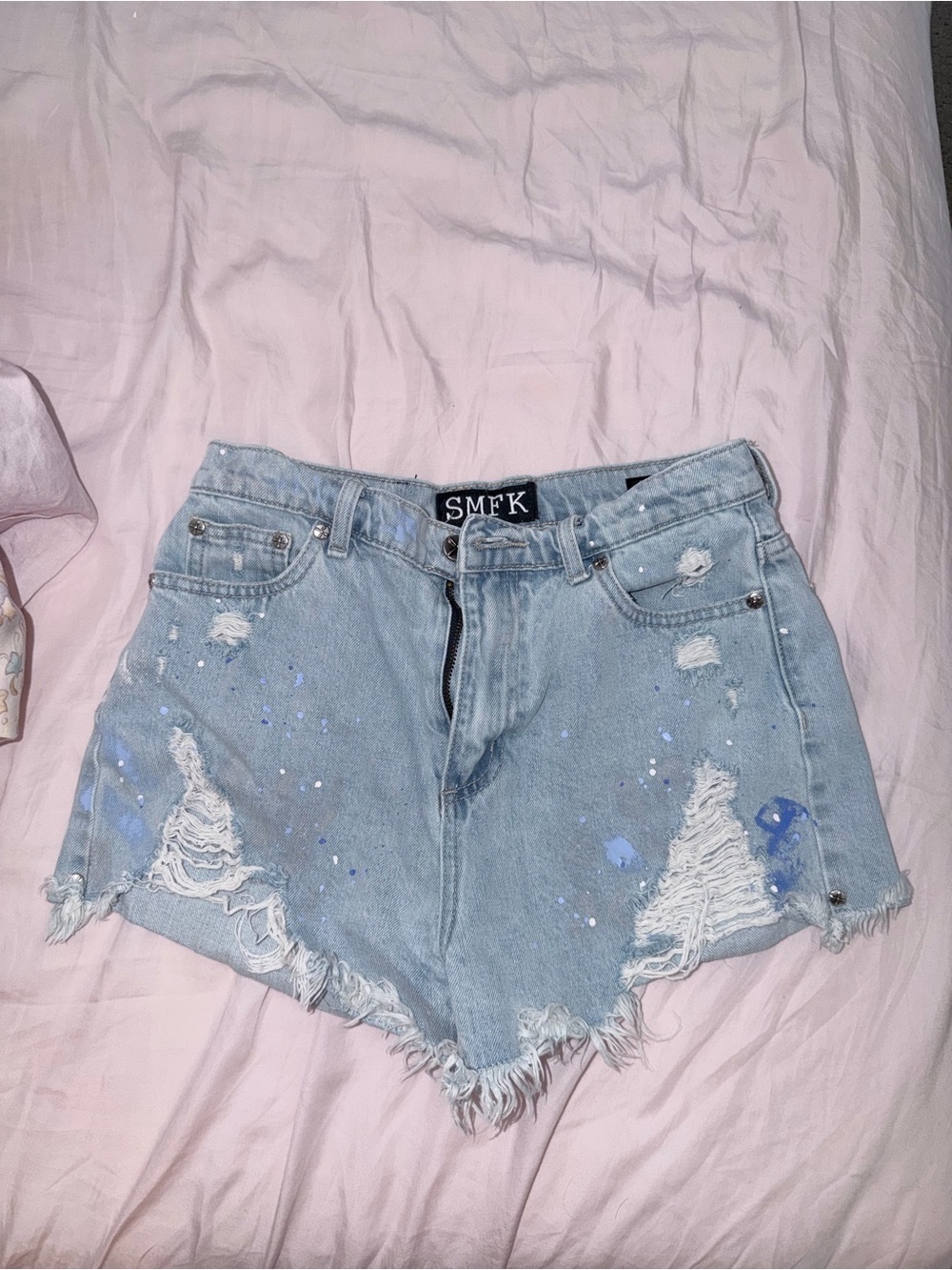 SMFK Light Blue Distressed Jean Shorts with Paint-Splash Detail